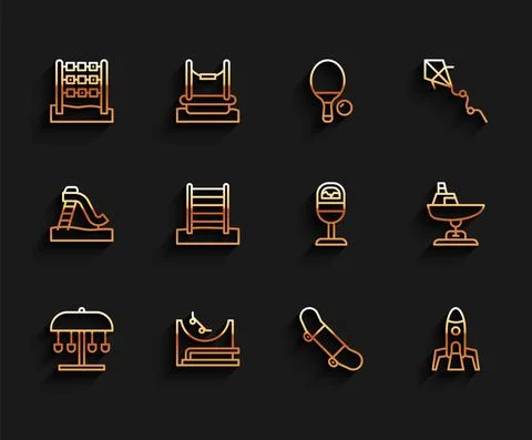 Set line Attraction carousel, Skate park, Tic tac toe game, Skateboard trick Ilustración de archivo