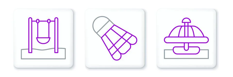 Set line Attraction carousel, Swing and Badminton shuttlecock icon. Vector Illustrazione stock