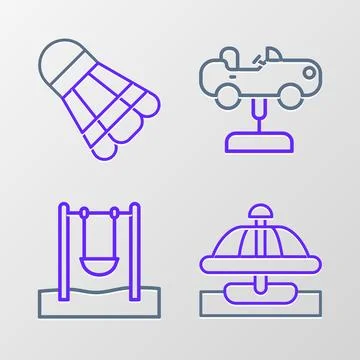 Set line Attraction carousel, Swing, and Badminton shuttlecock icon. Vector Illustrazione stock