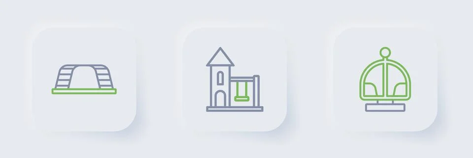 Set line Attraction carousel, Swing for kids and Monkey bar icon. Vector Illustrazione stock
