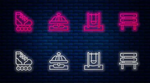 Set line Attraction carousel, Swing, Roller skate and Bench. Glowing neon i.. Illustrazione stock