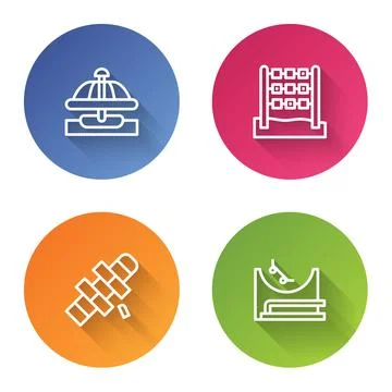 Set line Attraction carousel, Tic tac toe game, Hopscotch and Skate park. Color Ilustración de archivo