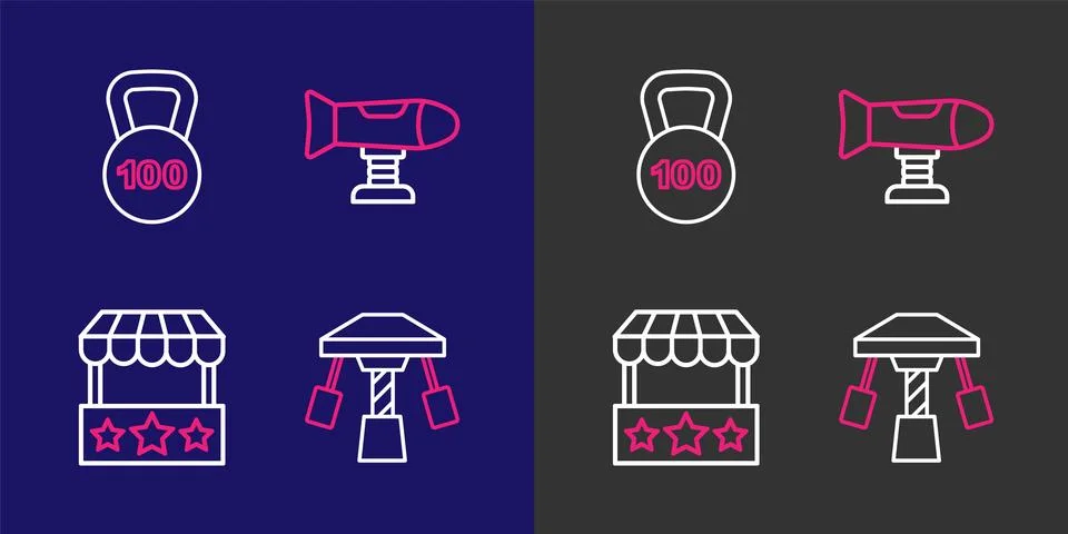 Set line Attraction carousel, Ticket box office, Swing plane and Weight ico.. Illustrazione stock