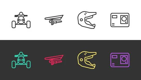Set line ATV motorcycle, Hang glider, Motocross helmet and Action extreme camera Stock Illustration