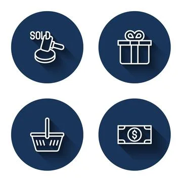 Set line Auction hammer, Gift box, Shopping basket and Stacks paper money c.. 스톡 일러스트