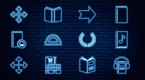 Set line Audio book, Arrow, Protractor grid, Pixel arrows in four directions Stock Illustration