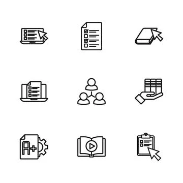 Set line Audio book, Book donation, Online quiz, test, survey, class,  and .. Stockillustratie