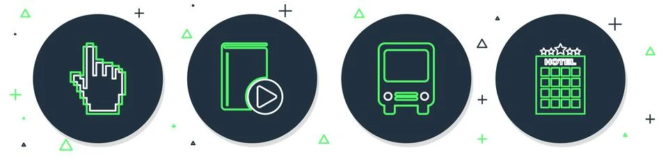 Set line Audio book, Bus, Pixel hand cursor and Hotel building icon. Vector Stock Illustration