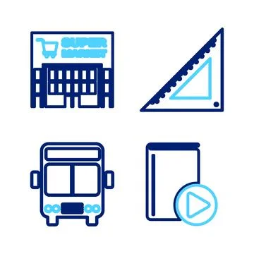 Set line Audio book, Bus, Triangular ruler and Supermarket building icon. V.. Stockillustratie