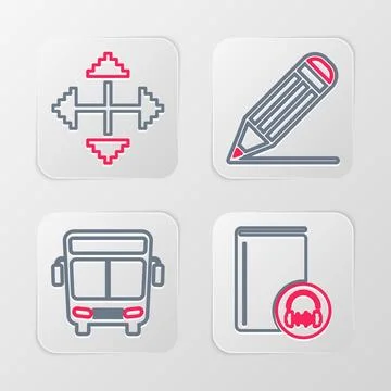 Set line Audio book, Bus, Pencil and line and Pixel arrows four directions .. Stock Illustration