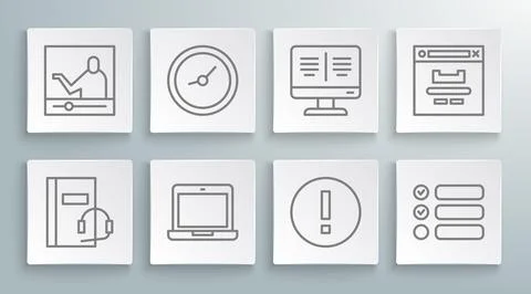 Set line Audio book, Clock, Laptop, Information, Task list, Online monitor,.. Illustrazione stock