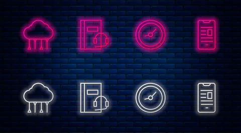 Set line Audio book, Clock, Network cloud connection and Online mobile. Glowi Stock Illustration
