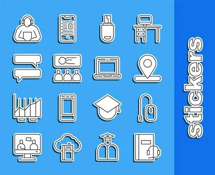 Set line Audio book, Computer mouse, Location, USB flash drive, Training Illustrazione stock