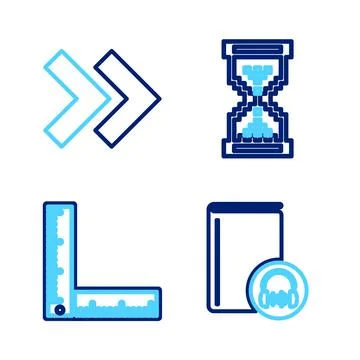 Set line Audio book, Folding ruler, Hourglass pixel and Arrow icon. Vector Illustrazione stock
