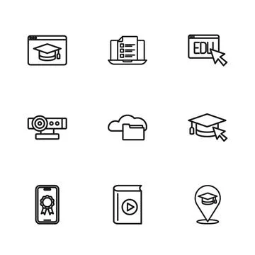 Set line Audio book, Graduation cap with cursor, Online education, Cloud on.. Stock Illustration