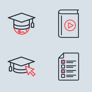 Set line Audio book, Graduation cap with cursor, Online quiz, test, survey .. 스톡 일러스트