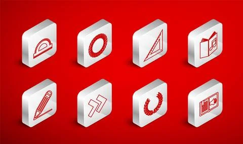 Set line Audio book, Laurel wreath, Triangular ruler, Protractor grid, Arro.. Illustrazione stock
