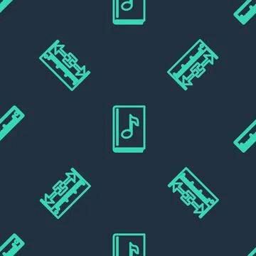 Set line Audio book, Measuring height and length and Ruler on seamless pattern Illustrazione stock