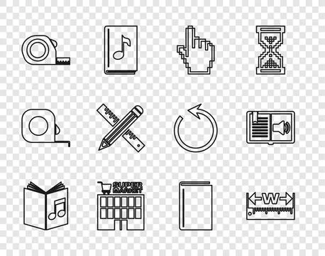 Set line Audio book, Measuring height and length, Pixel hand cursor, Supermar Stock Illustration