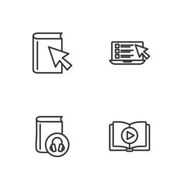 Set line Audio book, Online and quiz, test, survey icon. Vector Illustrazione stock