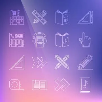 Set line Audio book, Pencil and line, Pixel hand cursor, Open, Supermarket .. Stock Illustration