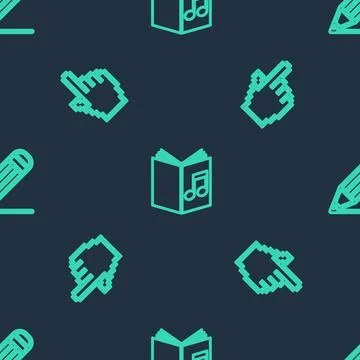 Set line Audio book, Pixel hand cursor and Pencil line on seamless pattern 스톡 일러스트