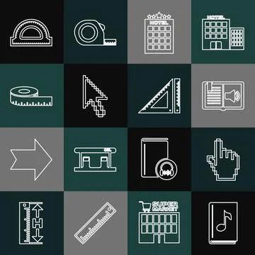 Set line Audio book, Pixel hand cursor, Hotel building, arrow, Tape measure Stock Illustration