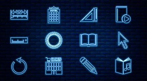 Set line Audio book, Pixel arrow cursor, Triangular ruler, Laurel wreath, Ruler 库存插图