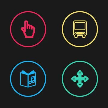 Set line Audio book, Pixel arrows in four directions, Bus and hand cursor icon Stock-Illustration