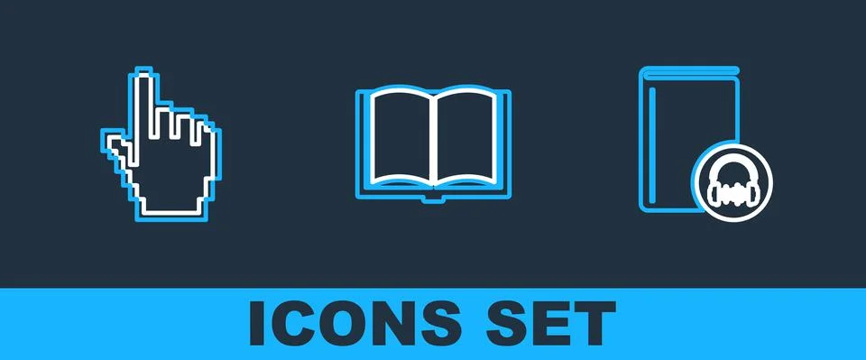 Set line Audio book, Pixel hand cursor and Open icon. Vector Illustrazione stock