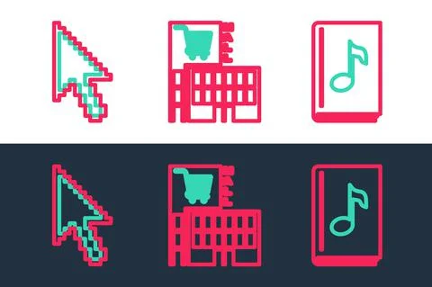 Set line Audio book, Pixel arrow cursor and Mall supermarket building icon Stock Illustration