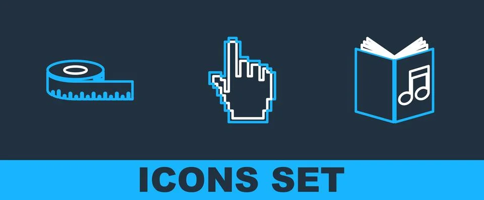 Set line Audio book, Tape measure and Pixel hand cursor icon. Vector Illustrazione stock