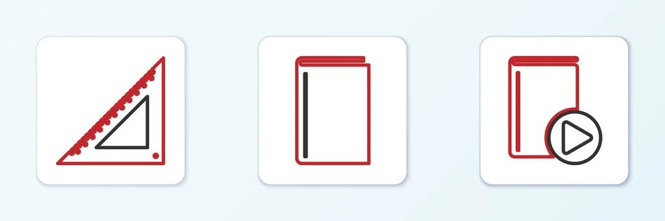 Set line Audio book, Triangular ruler and Book icon. Vector Illustrazione stock