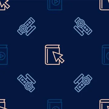 Set line Audio book, Web camera and Online on seamless pattern. Vector Illustrazione stock