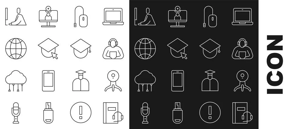 Set line Audio book, Web camera, Student, Computer mouse, Graduation cap on Stock Illustration