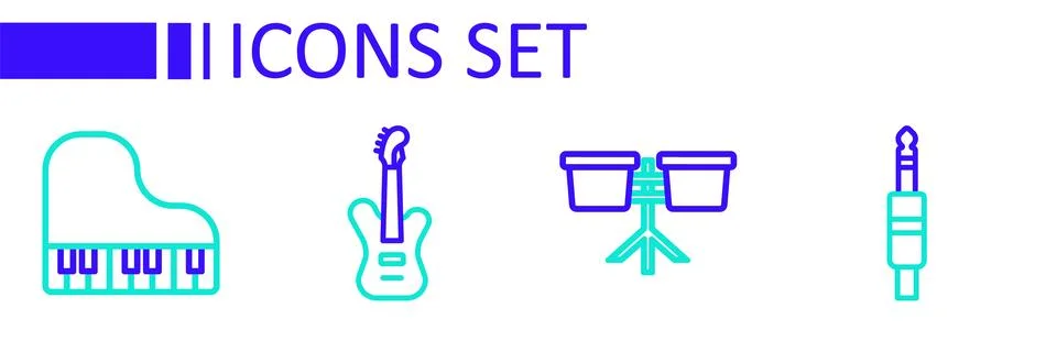 Set line Audio jack, Bongo drum, Electric bass guitar and Grand piano icon... Illustrazione stock