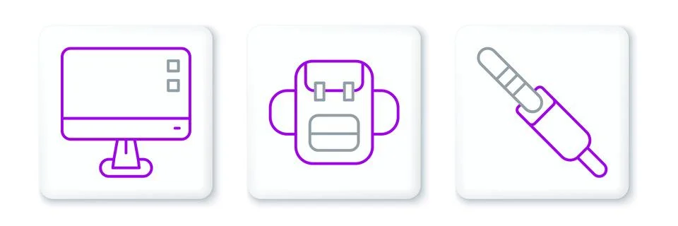 Set line Audio jack, Computer monitor screen and School backpack icon. Vector Illustrazione stock