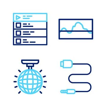Set line Audio jack, Disco ball, Music wave equalizer and playlist icon. Vect Stock Illustration