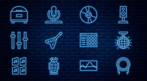 Set line Audio jack, Disco ball, CD or DVD disk, Electric bass guitar, Musi.. Stock Illustration