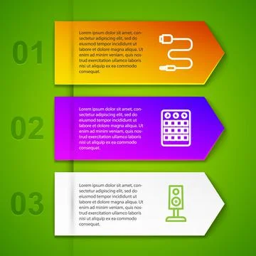 Set line Audio jack, Drum machine and Stereo speaker. Business infographic Stock Illustration