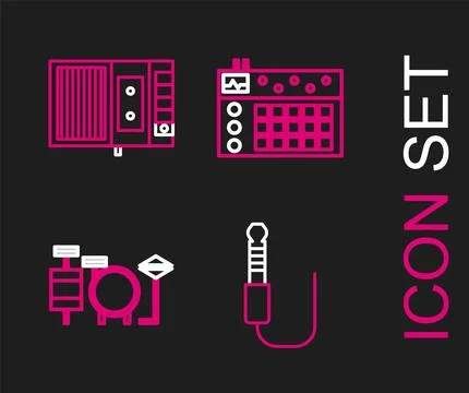Set line Audio jack, Drums, machine and Music tape player icon. Vector Illustrazione stock