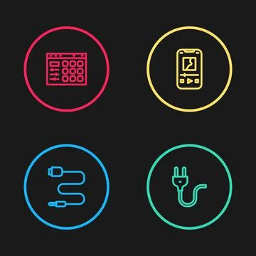 Set line Audio jack, Electric plug, Music player and Drum machine icon. Vector 스톡 일러스트