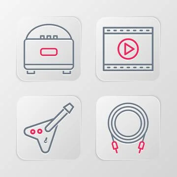 Set line Audio jack, Electric bass guitar, Online play video and Stereo speaker Ilustração Stock