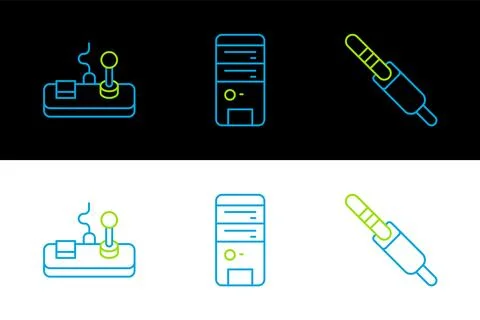 Set line Audio jack, Gamepad and Computer icon. Vector Illustrazione stock