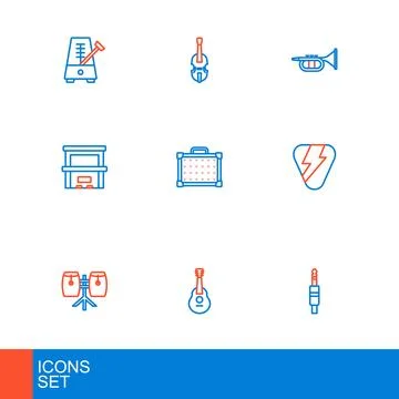 Set line Audio jack, Guitar, Conga drums, pick, Piano, amplifier, Trumpet a.. Stock Illustration