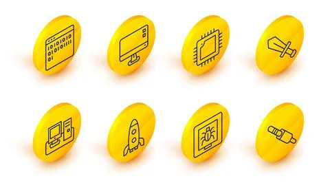 Set line Audio jack, Insects in frame, Rocket ship, Monitor with keyboard, Sword Stock Illustration