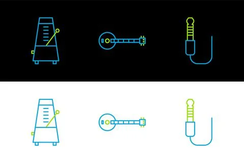 Set line Audio jack, Metronome with pendulum in motion and Banjo icon. Vector 스톡 일러스트