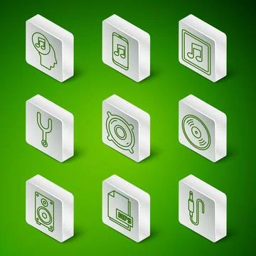Set line Audio jack, MP3 file document, Musical note in human head, Stereo .. Stock Illustration