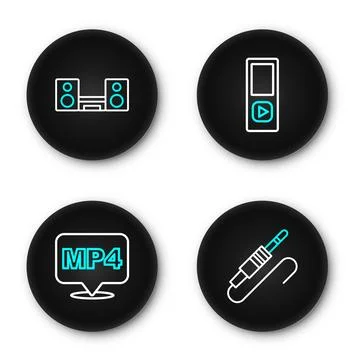 Set line Audio jack, MP4 file document, Music player and Home stereo with t.. Illustrazione stock