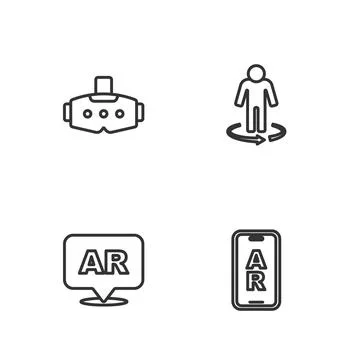 Set line Augmented reality AR, Virtual glasses and 3d modeling icon. Vector Stock Illustration